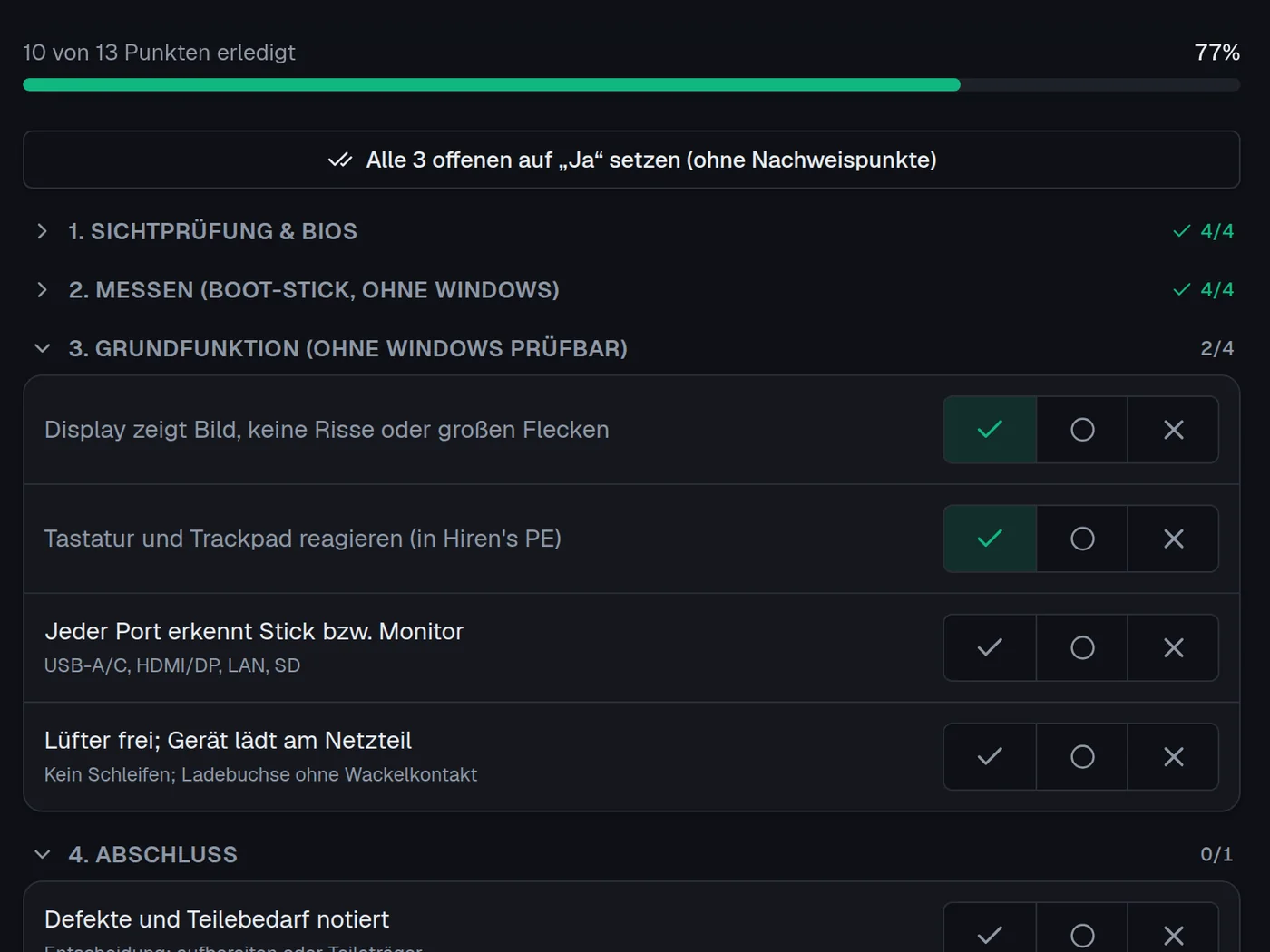 Diagnose-Checkliste mit Fortschritt